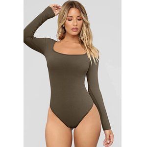OQQ Women's Bodysuit - Sexy Ribbed One Piece Square Neck Long Sleeve Body